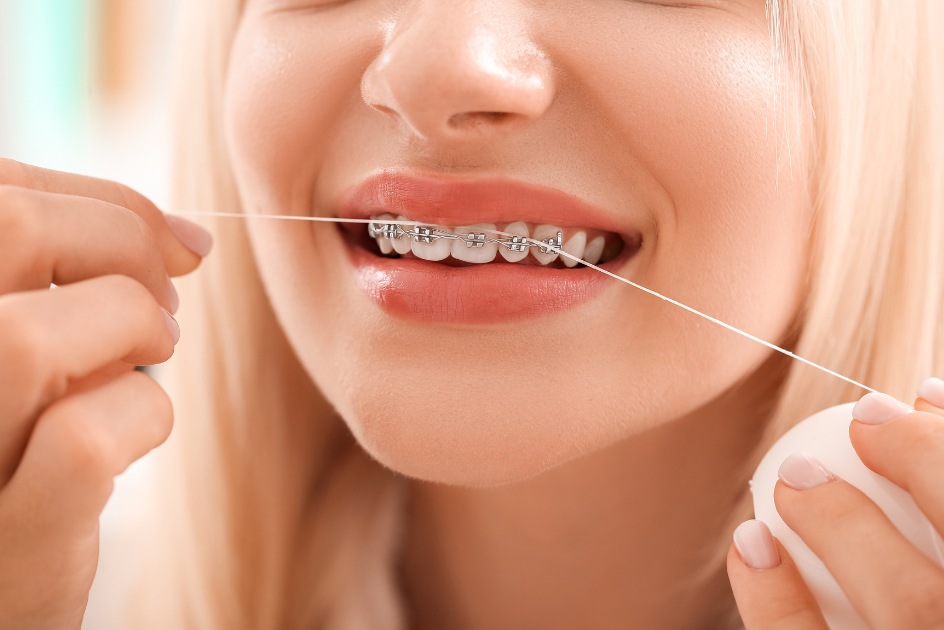 Girl cleaning braces with dental floss 